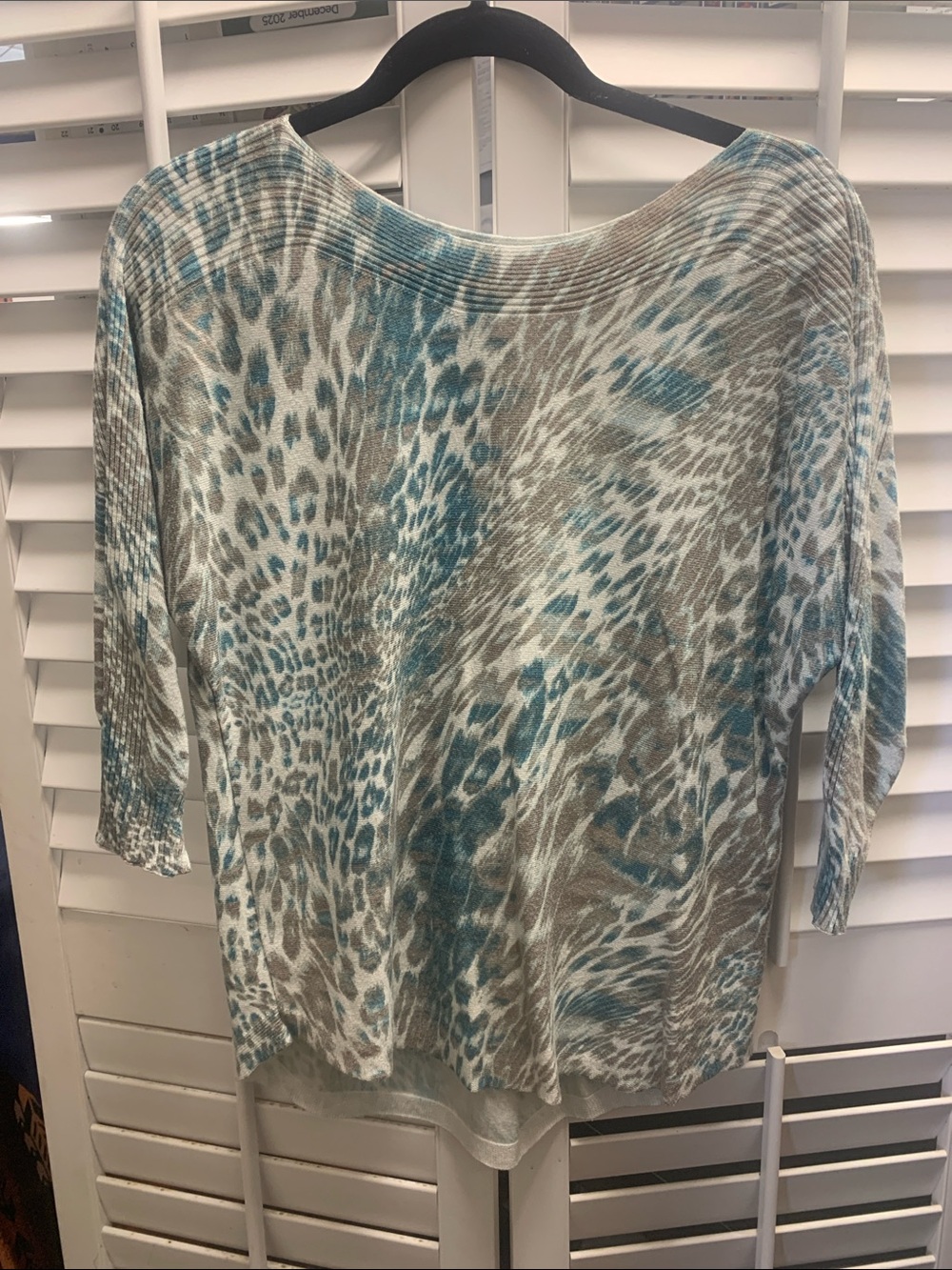 Women's Teal and Taupe Animal-Print Boatneck Top